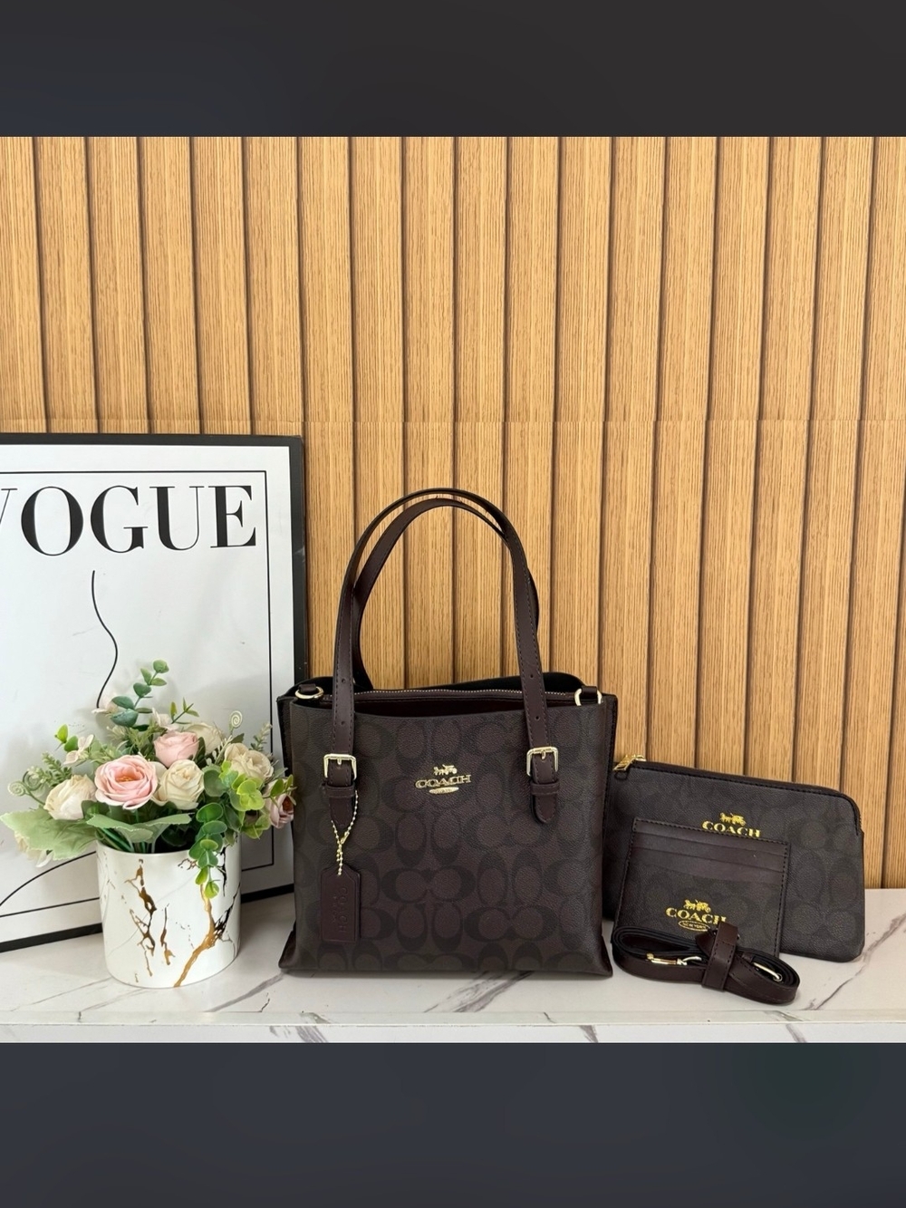 Coach Dark Brown Signature Canvas Tote with Matching Wristlet